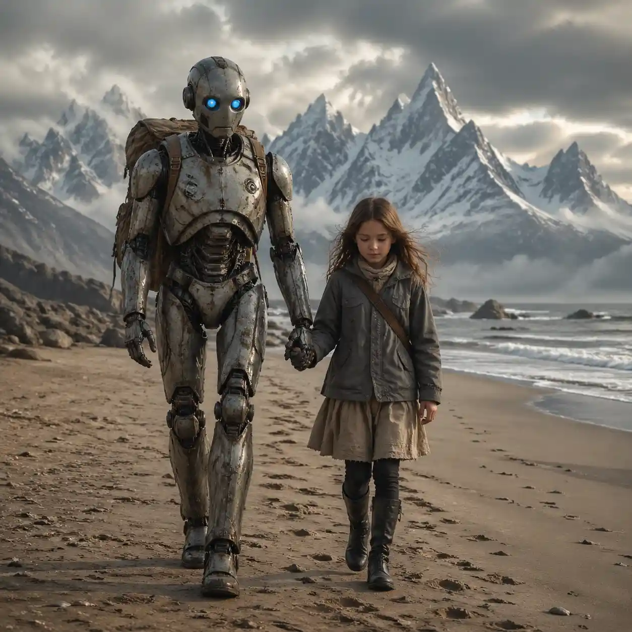 Robot e bambina che camminano insieme su una spiaggia tranquilla