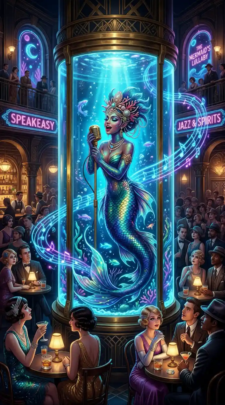 Mermaid singer performing in a glowing 1920s speakeasy aquarium