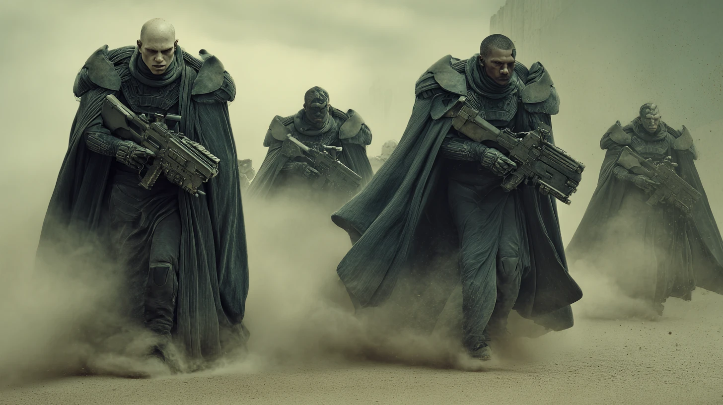 Sci fi marines advancing in formation with heavy weaponry