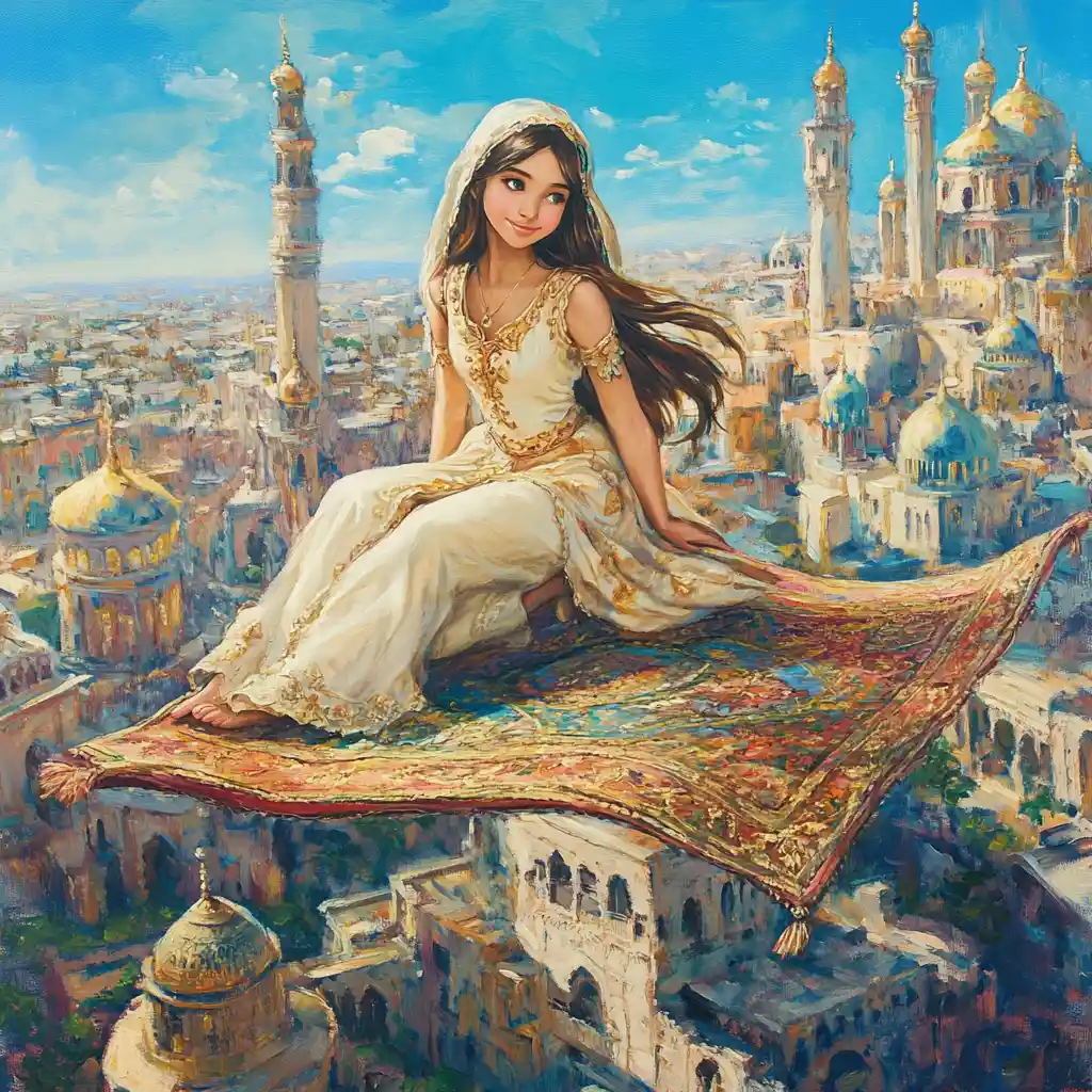 Oriental girl on a magic carpet above mystical city