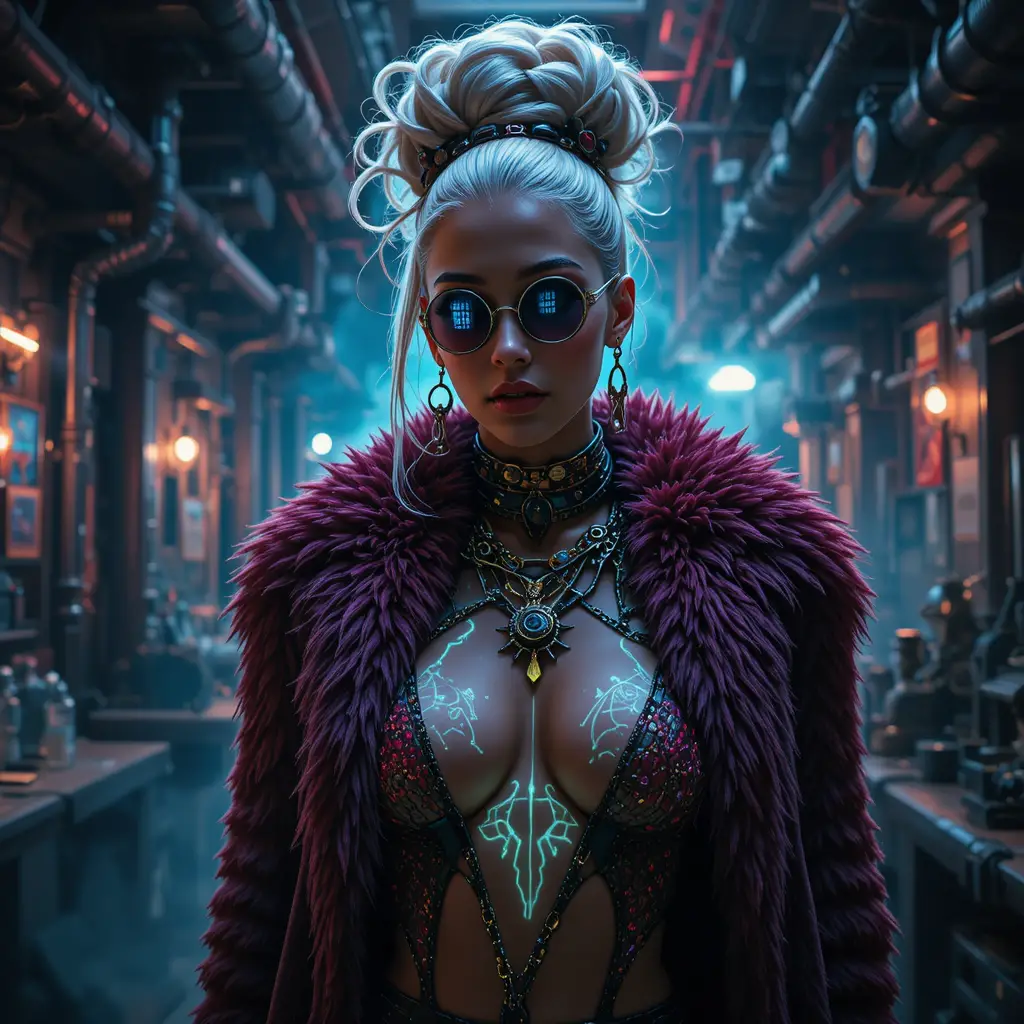 Biopunk steampunk femme fatale in underground nightclub laboratory