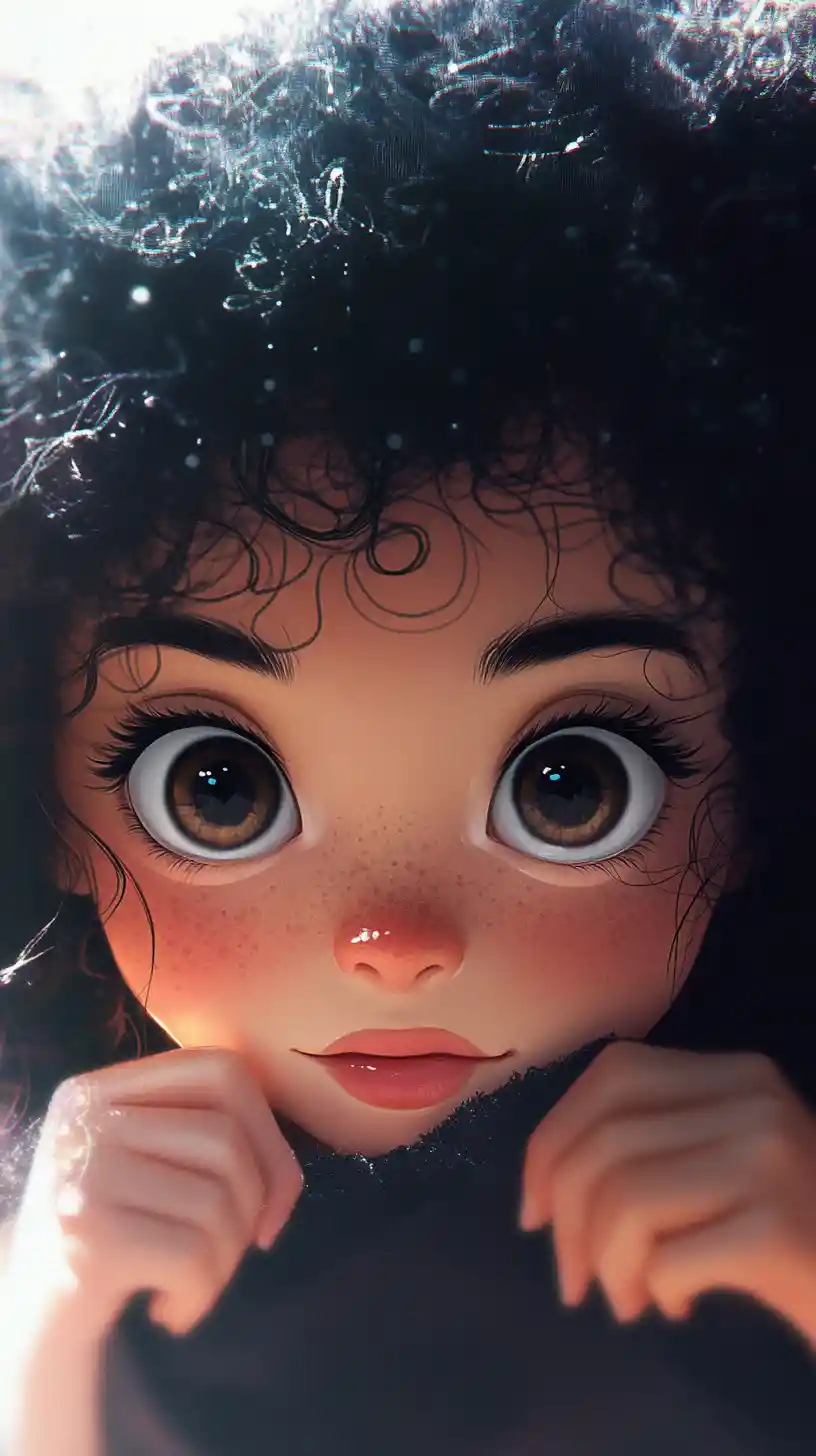 Playful girl peeking from dark fabric with wild curly hair