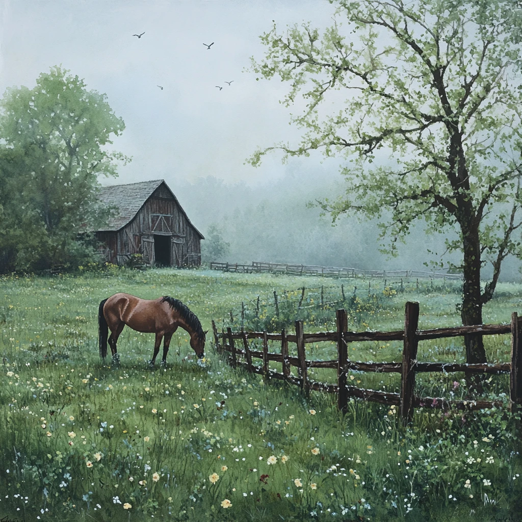 Quiet wanderer entering a sunlit countryside meadow at dawn