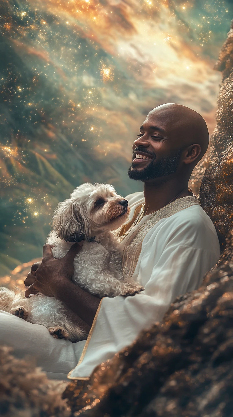 Smiling bald man holding his shih tzu in surreal scenery