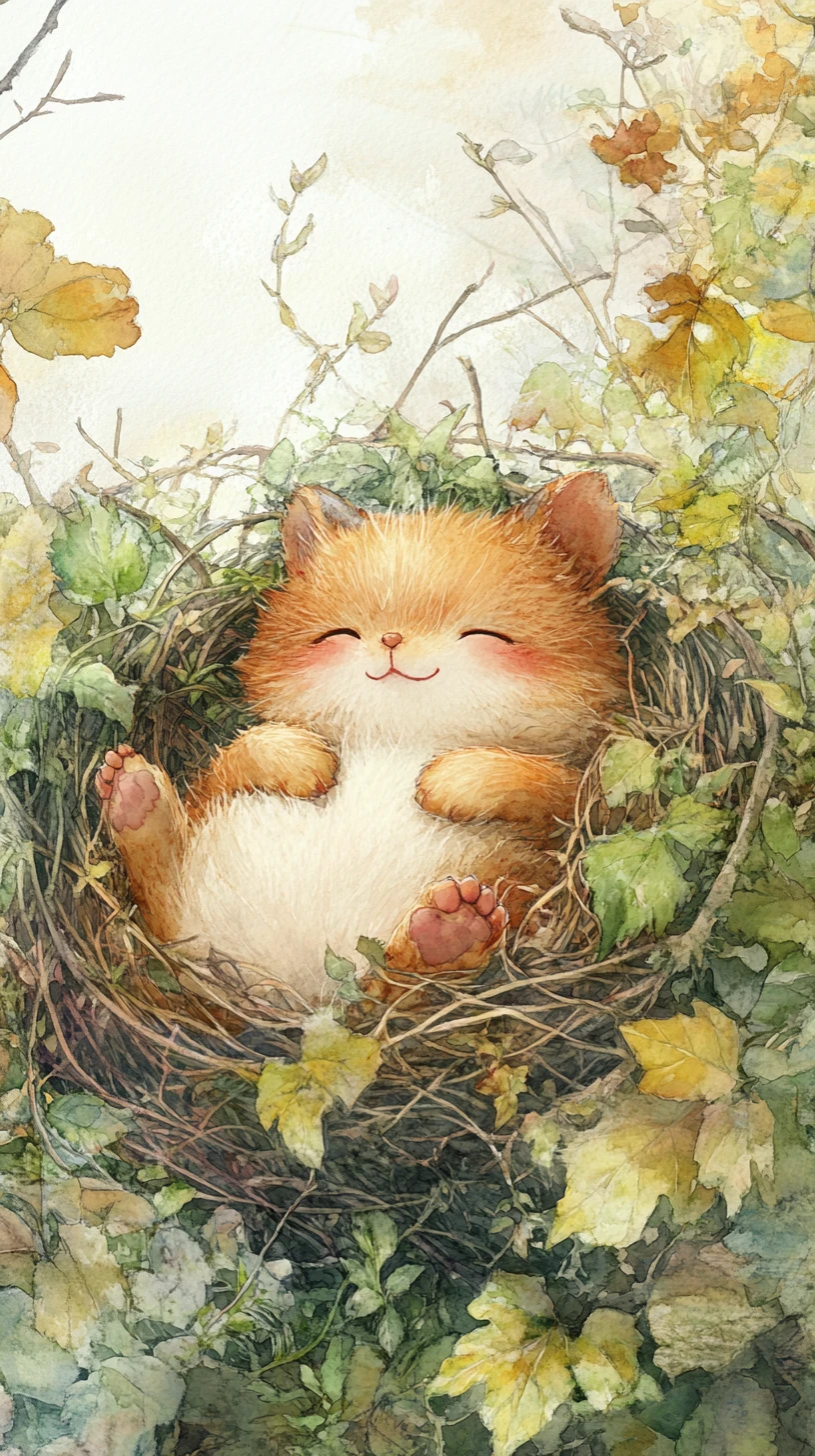 Cheerful smartphone relaxing in a nest in the garden