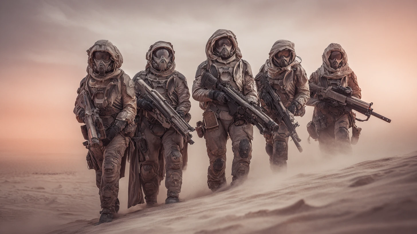 Armored marines pose in a sci fi desert battle scene