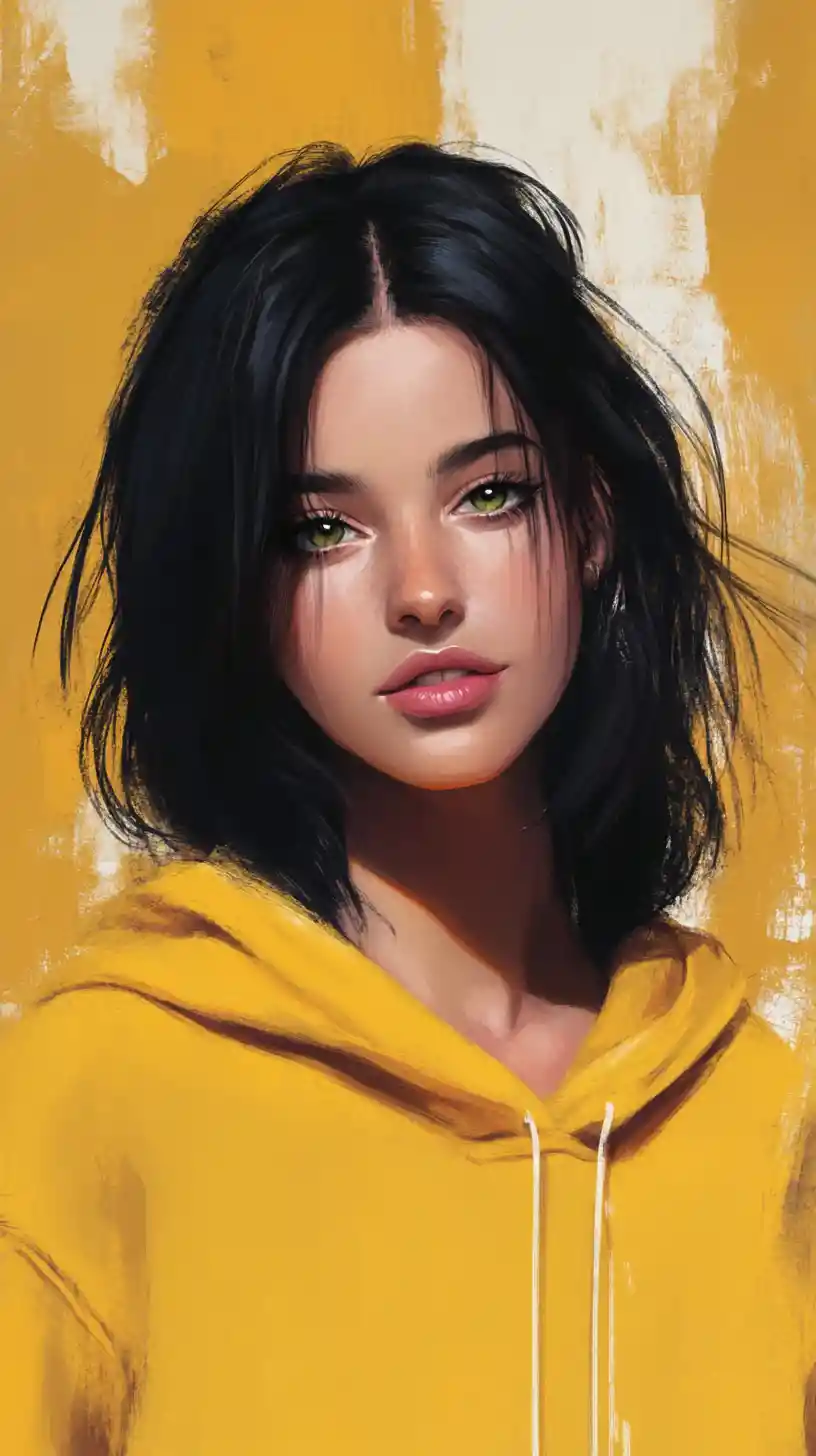Stylized girl portrait in yellow hoodie with green eyes