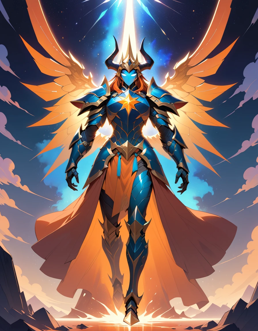 Celestial horned warrior with galaxy wings in radiant armor