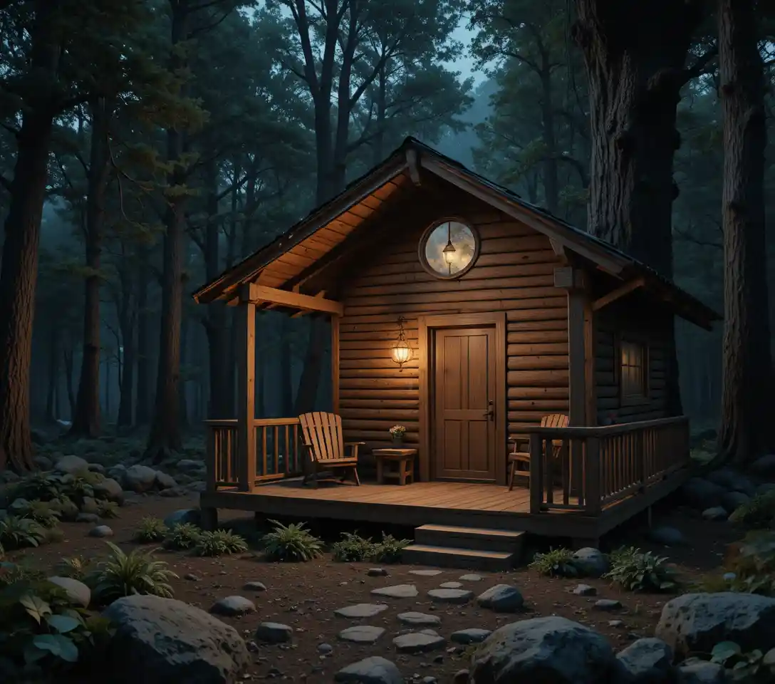 Rustic wooden cabin nestled in a moonlit fantasy forest
