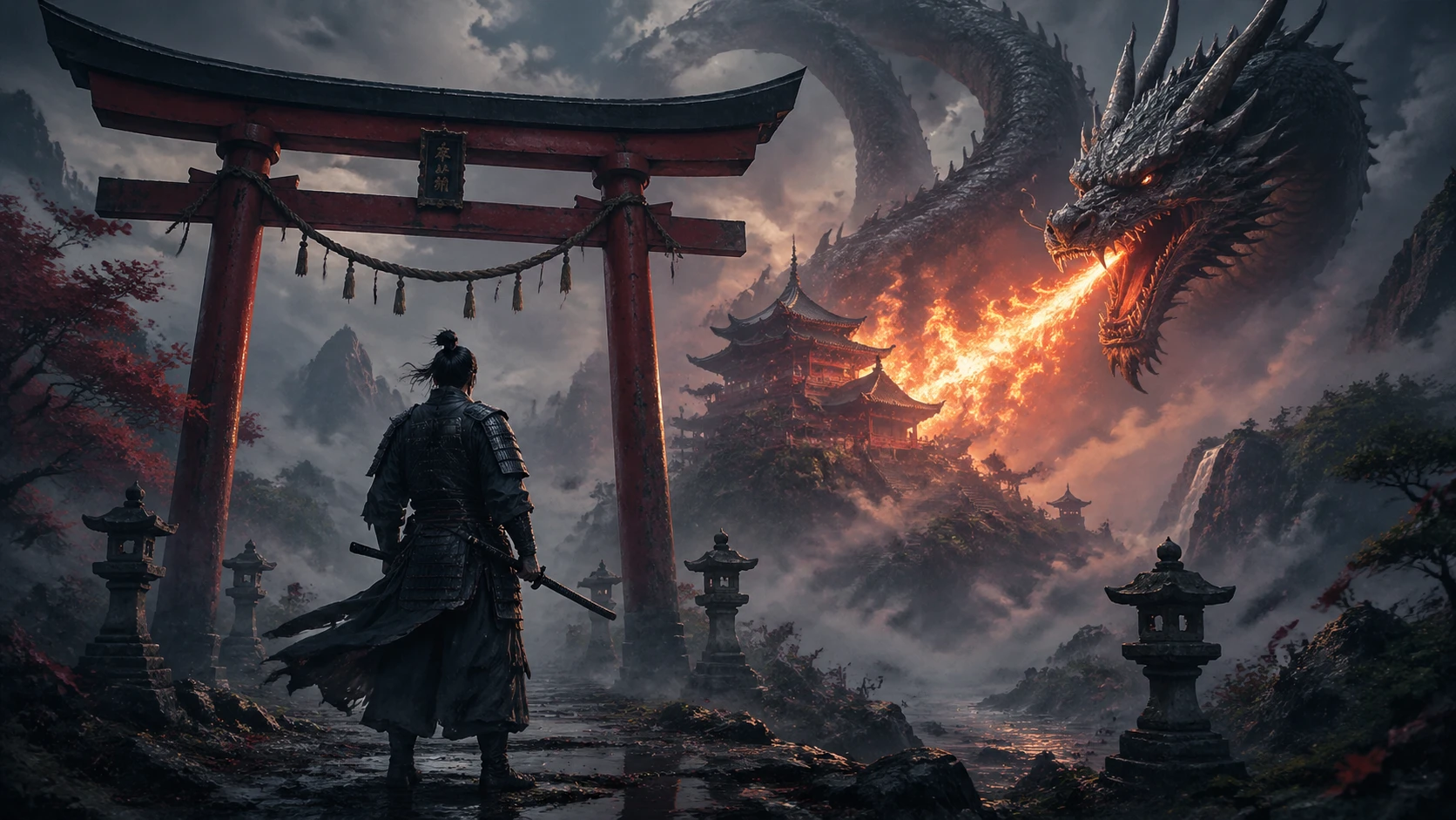 Samurái frente a un torii y un templo japonés entre la niebla