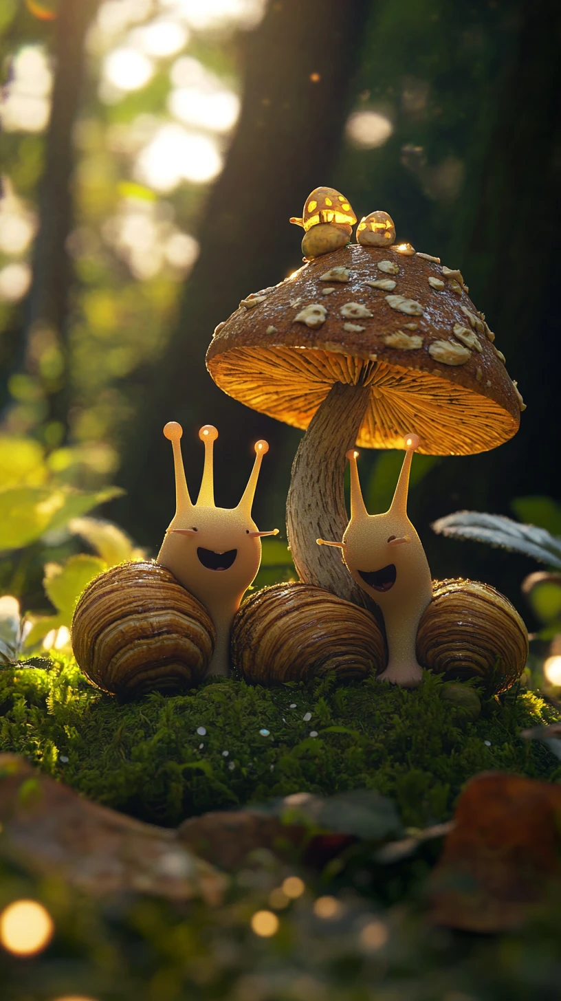 Three animated snails sharing stories with a mushroom spirit