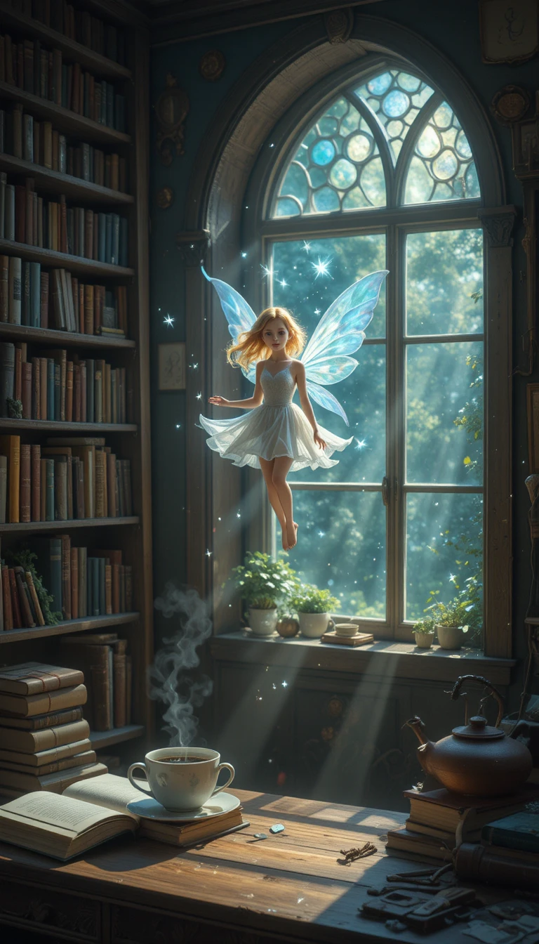Gentle fairy hovering in a cozy room with warm light