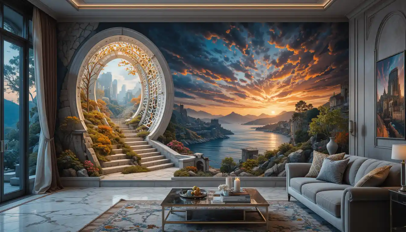 Fantastical countryside cottage in a surreal dreamlike landscape