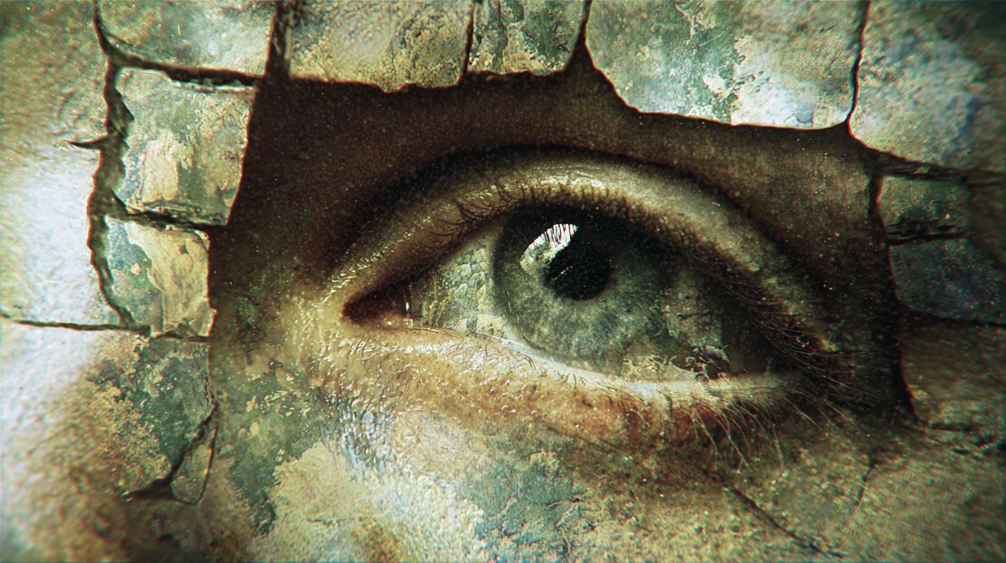 Surreal fragmented mindscape with distorted inward turning faces