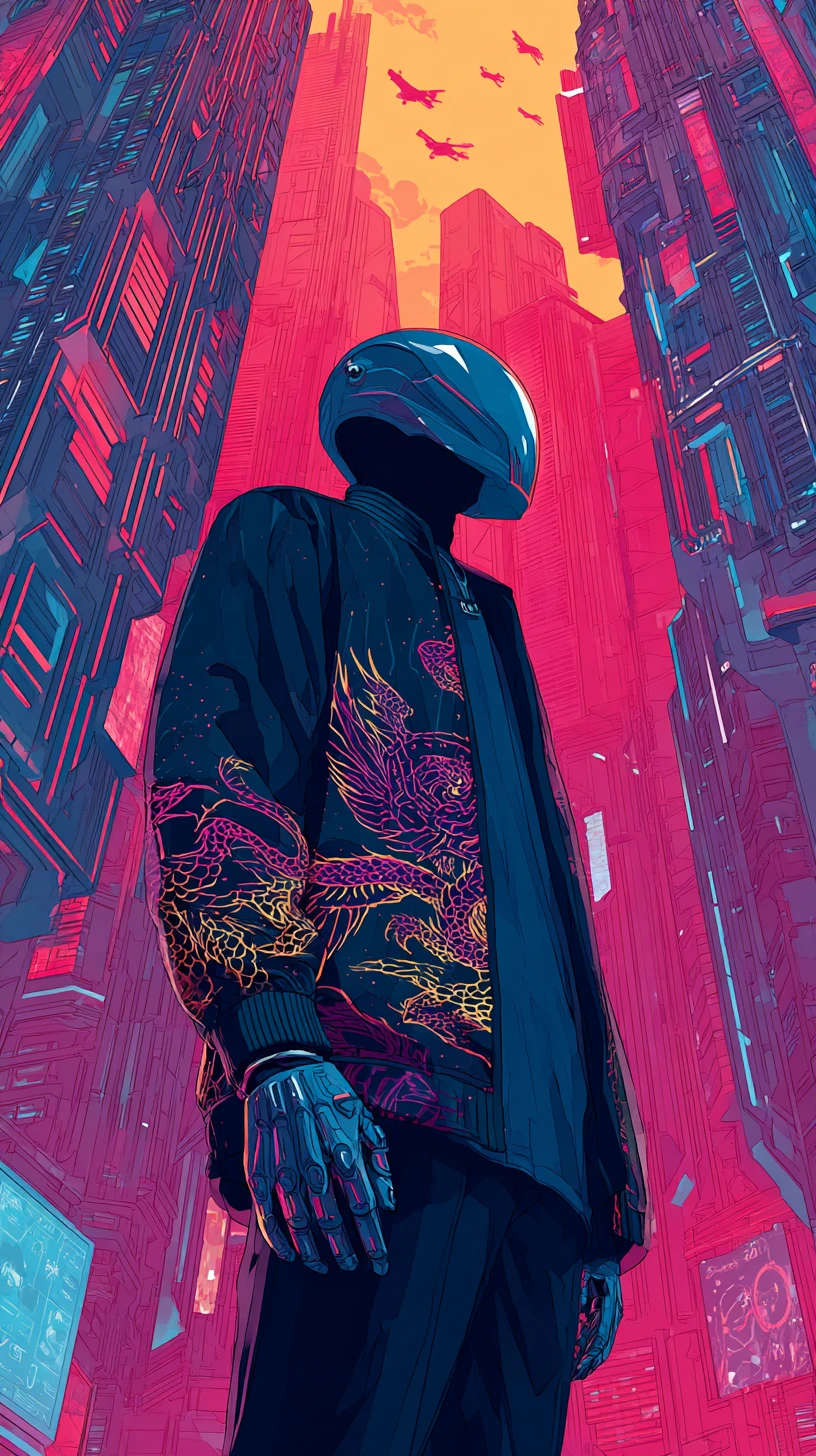 Figura con máscara cromada en ciudad futurista de neón