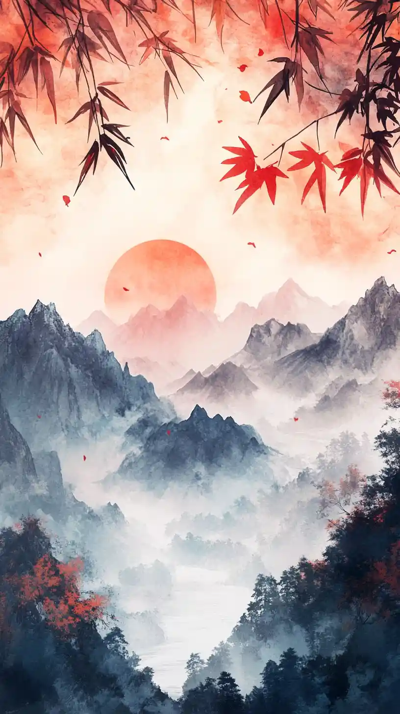 Warm light over mountains and river in bamboo forest