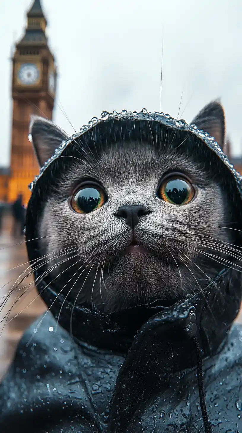 Gato cinza tirando selfie em frente ao Big Ben na chuva