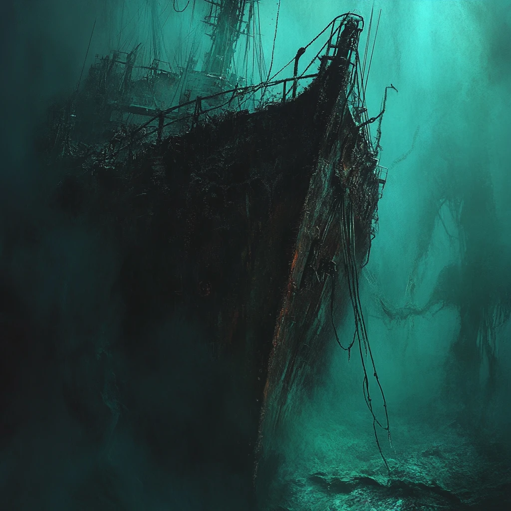 Rusted deep sea submarine sinking into the ocean floor