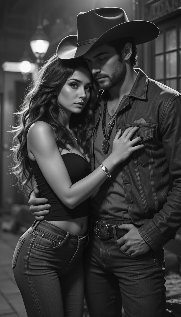 Noir cowboy couple in a tense romantic embrace