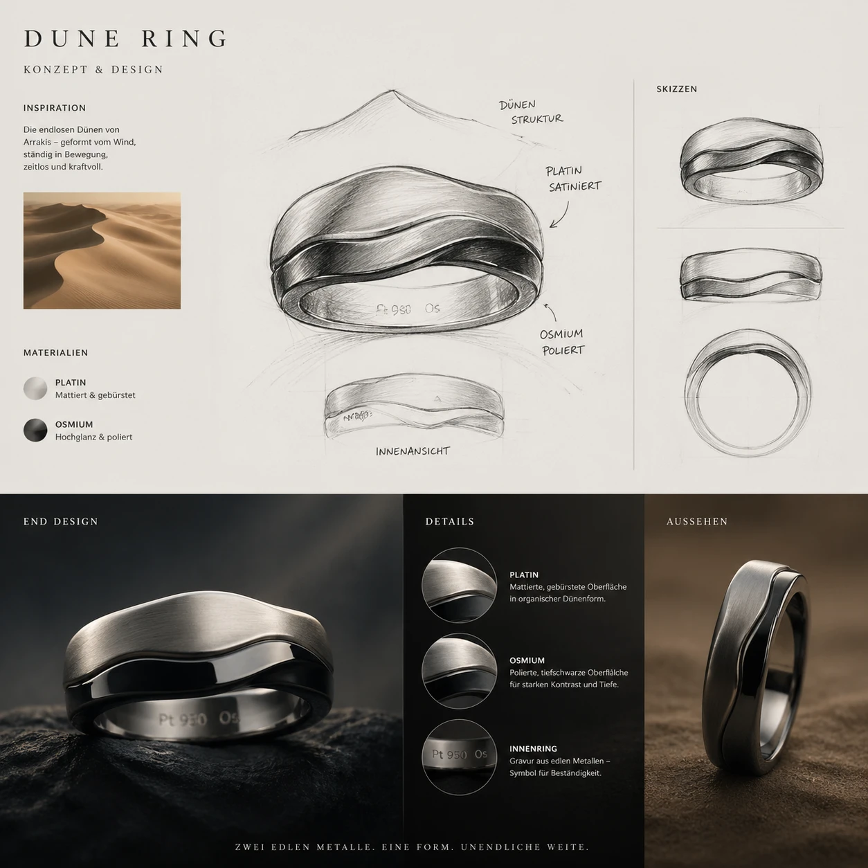 Platinum and osmium ring concept with sketch and final design