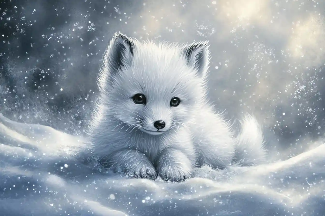 Playful baby arctic fox in snowy whimsical landscape