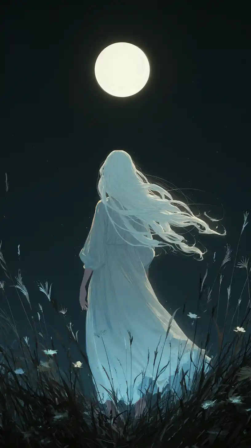 Woman with luminous white hair under a glowing full moon