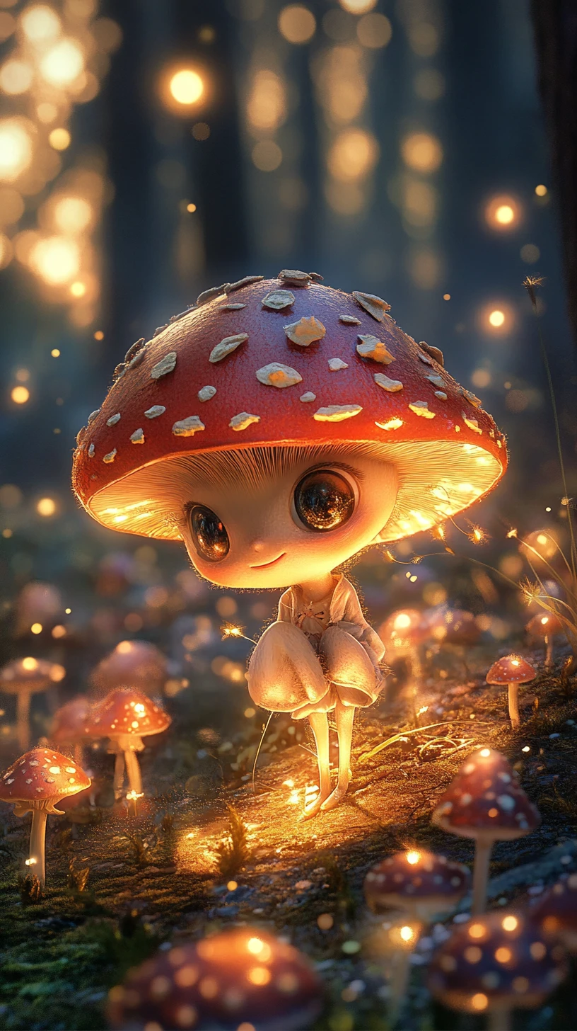 Niño Hongo Fantasioso en un Bosque Fantástico Brillante