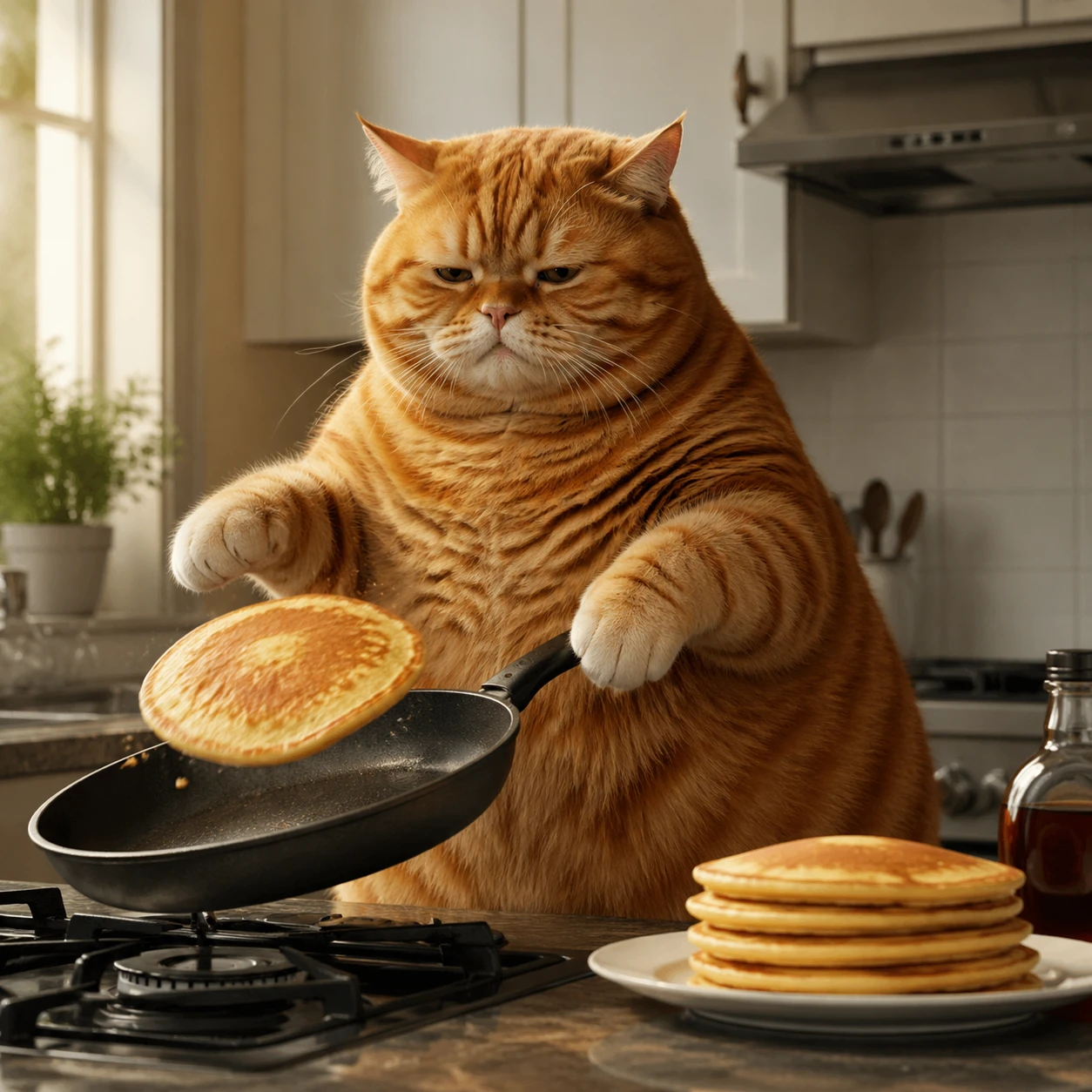 Chubby orange cat flipping pancakes in a modern kitchen