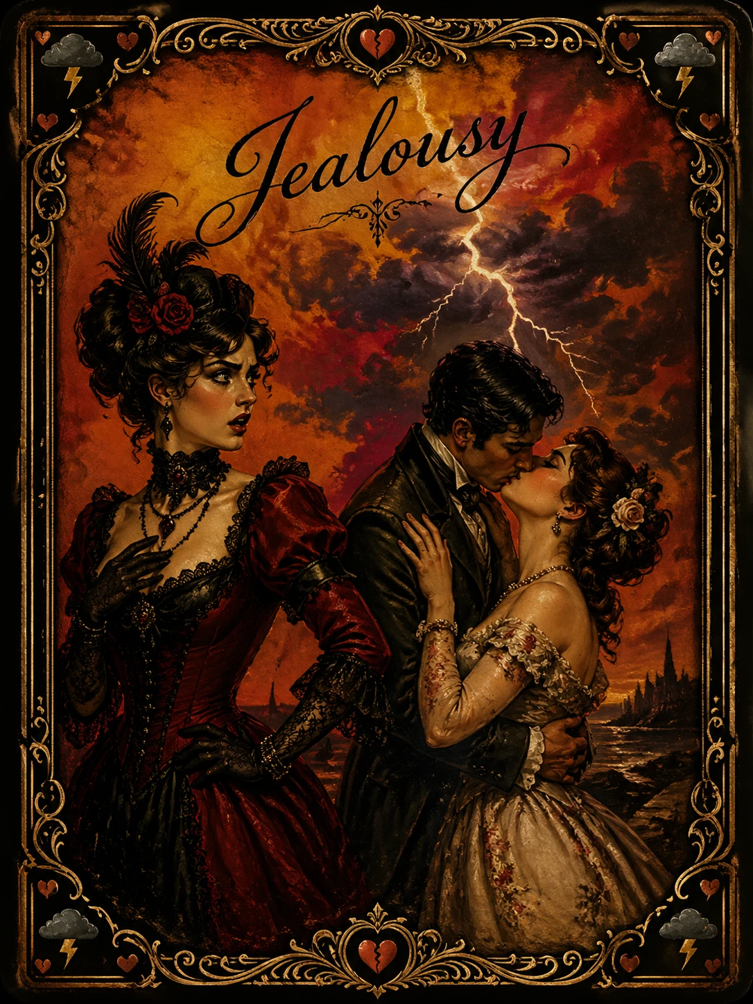 Vintage tarot card of a jealous woman watching a lovers kiss
