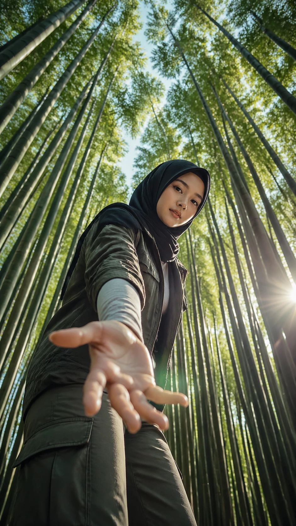 Hijabi girl portrait in tall bamboo forest from low angle