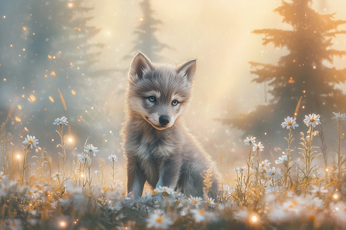 Whimsical baby wolf in a glowing wildflower meadow