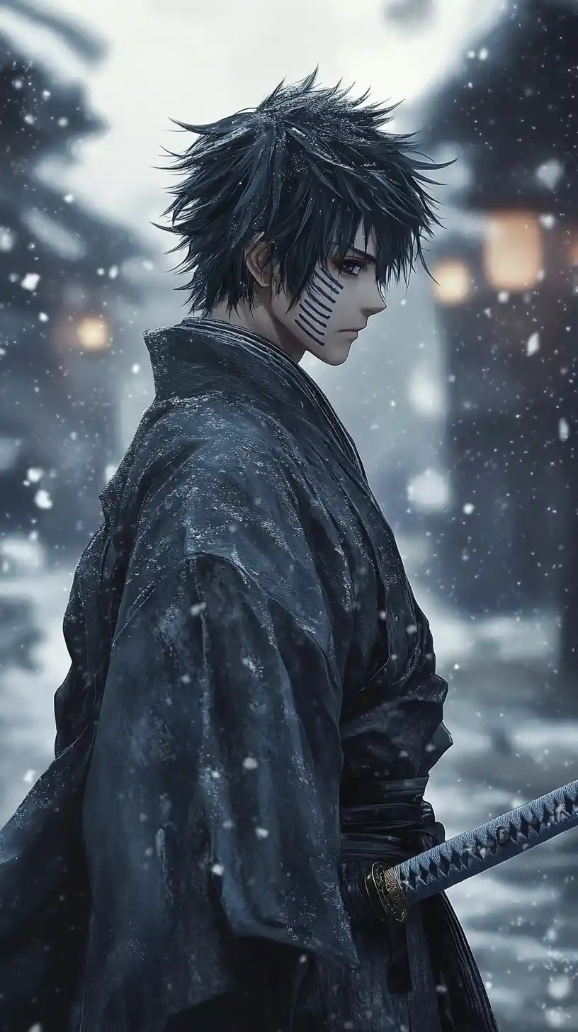 Anime swordsman in snowy ruins with somber profile