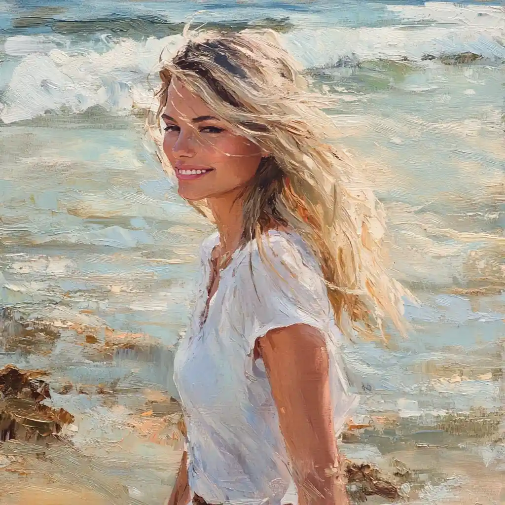 Blonde woman walking in shallow seaside water on sunny day