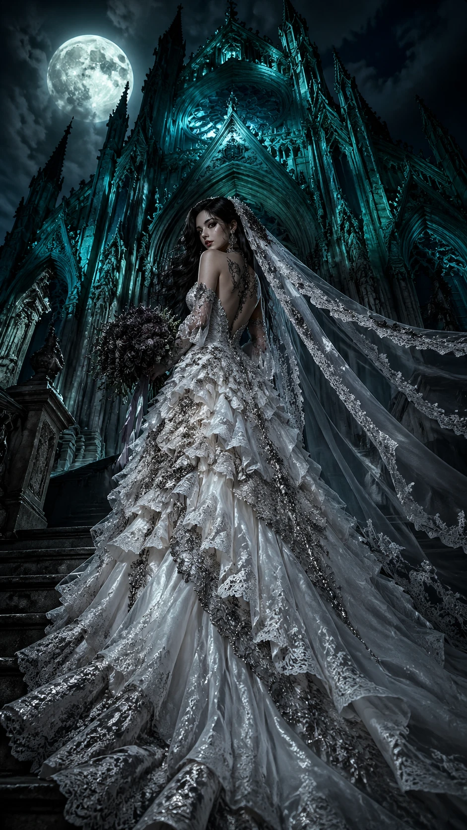Gothic bride in lace gown with flowing veil at night