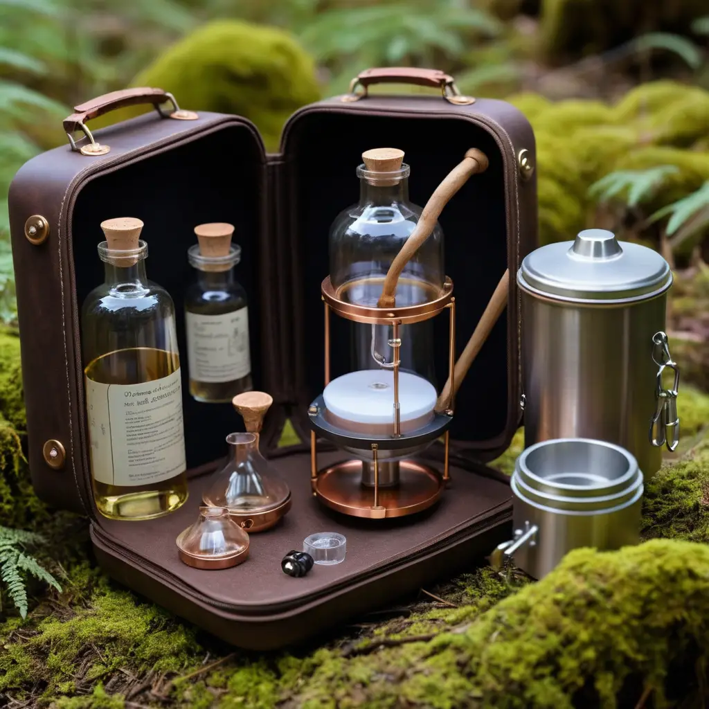 Kit portatile fantasy per la fermentazione di vino ai funghi in custodia di pelle