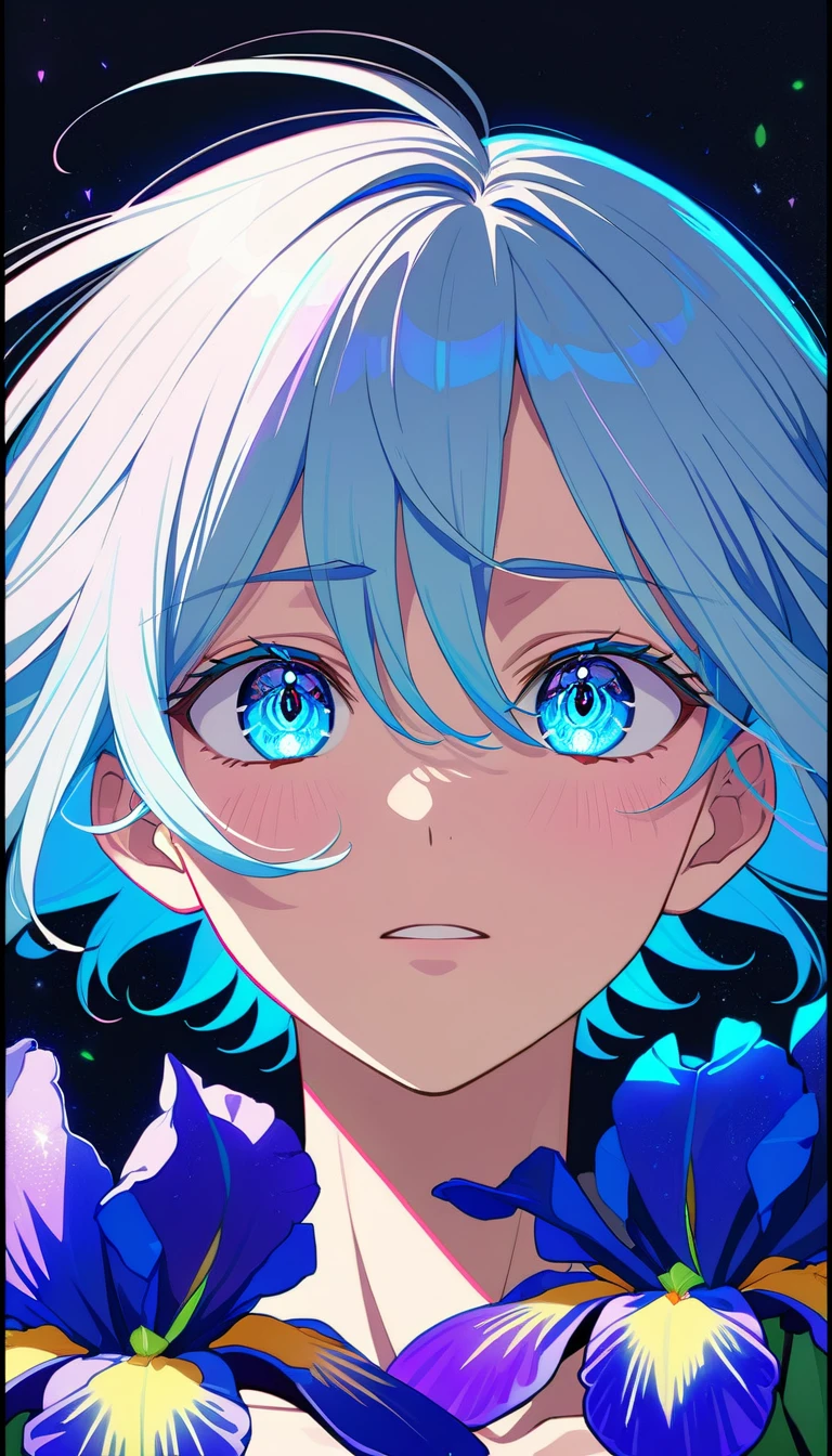 Sad anime boy extreme close up with glowing blue eyes
