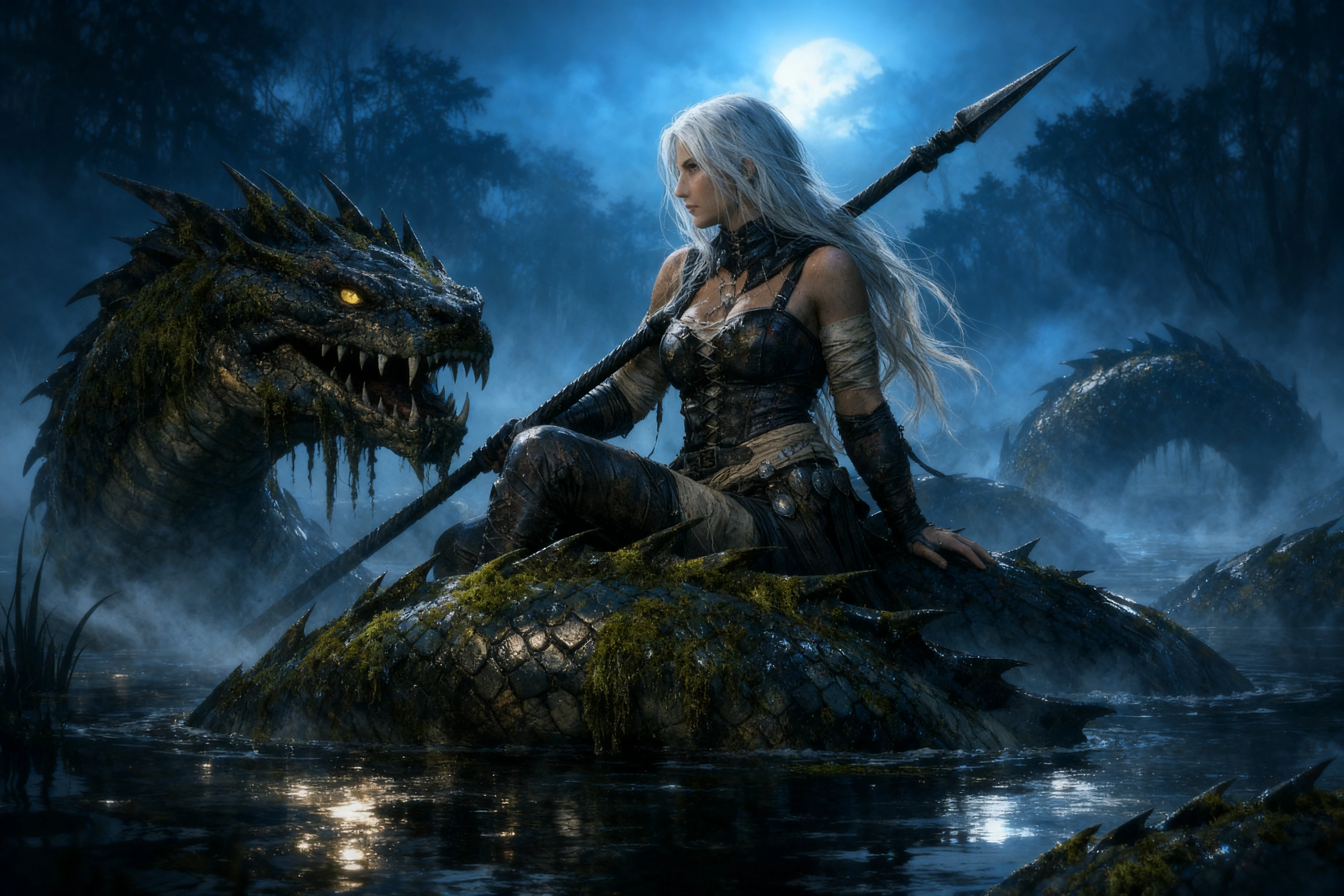 White haired warrior riding a sea serpent in misty swamp