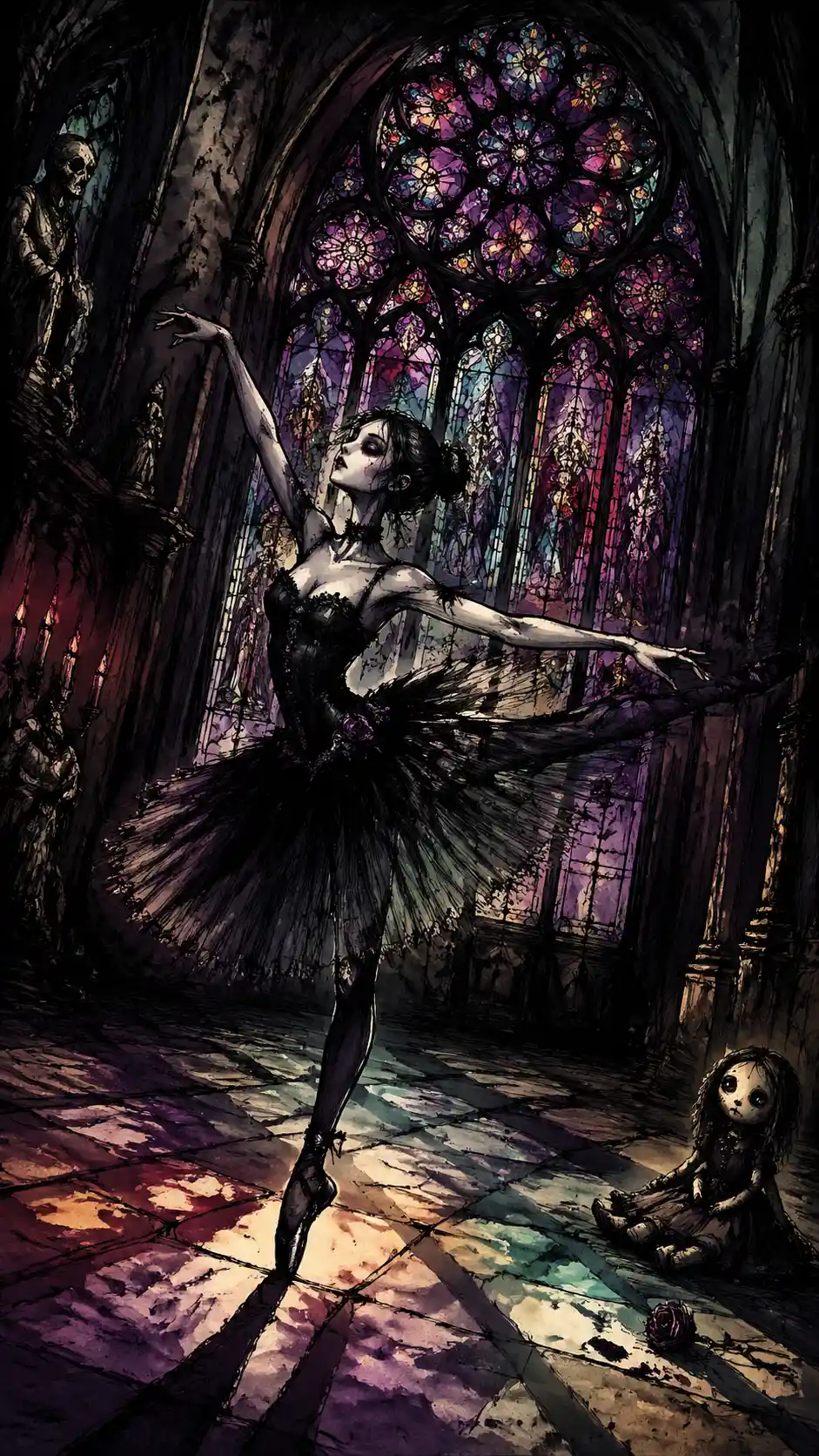Gothic ballerina posing before a vast cathedral window
