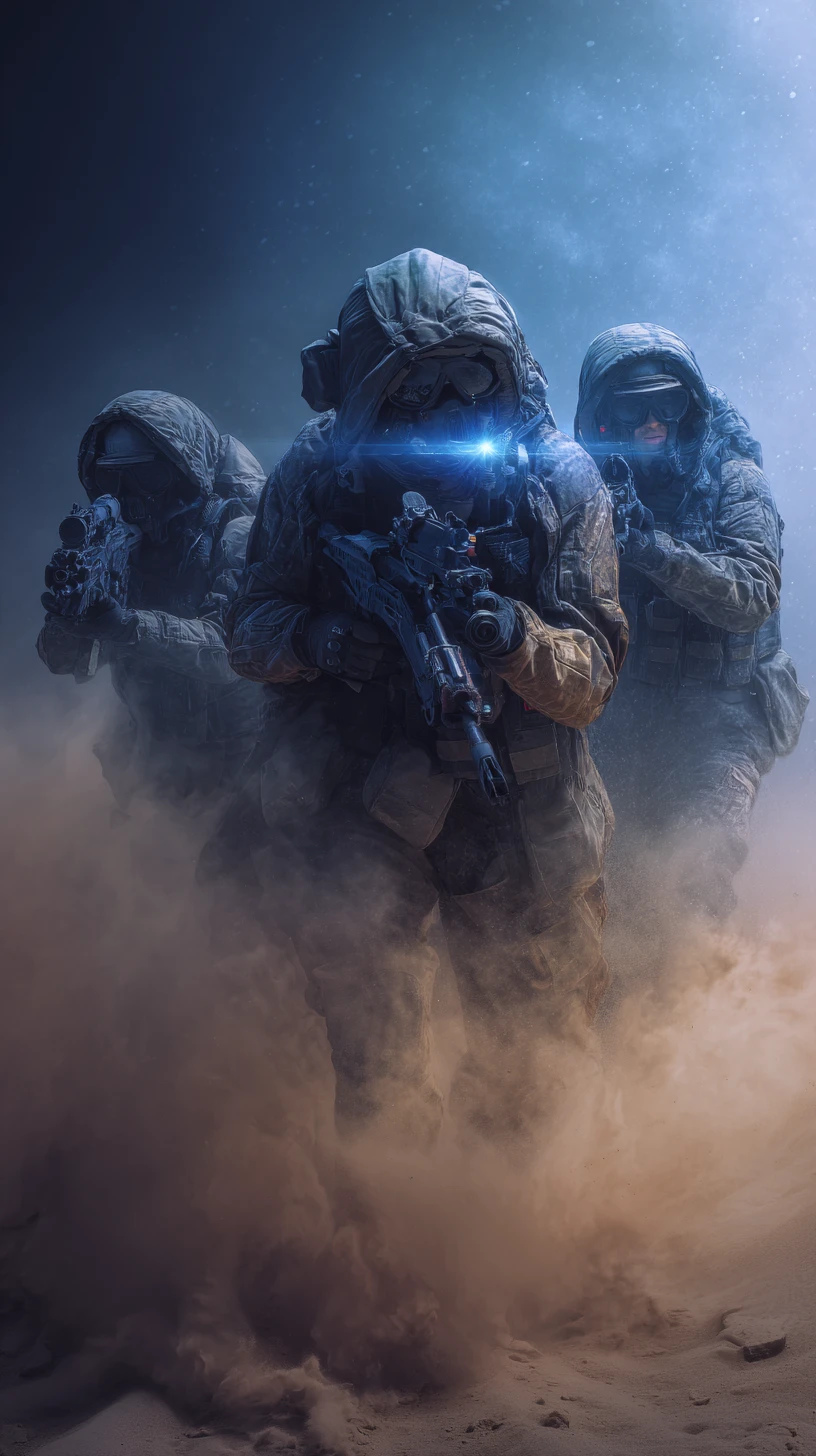 Armored marines in a dynamic sci fi battlefield formation