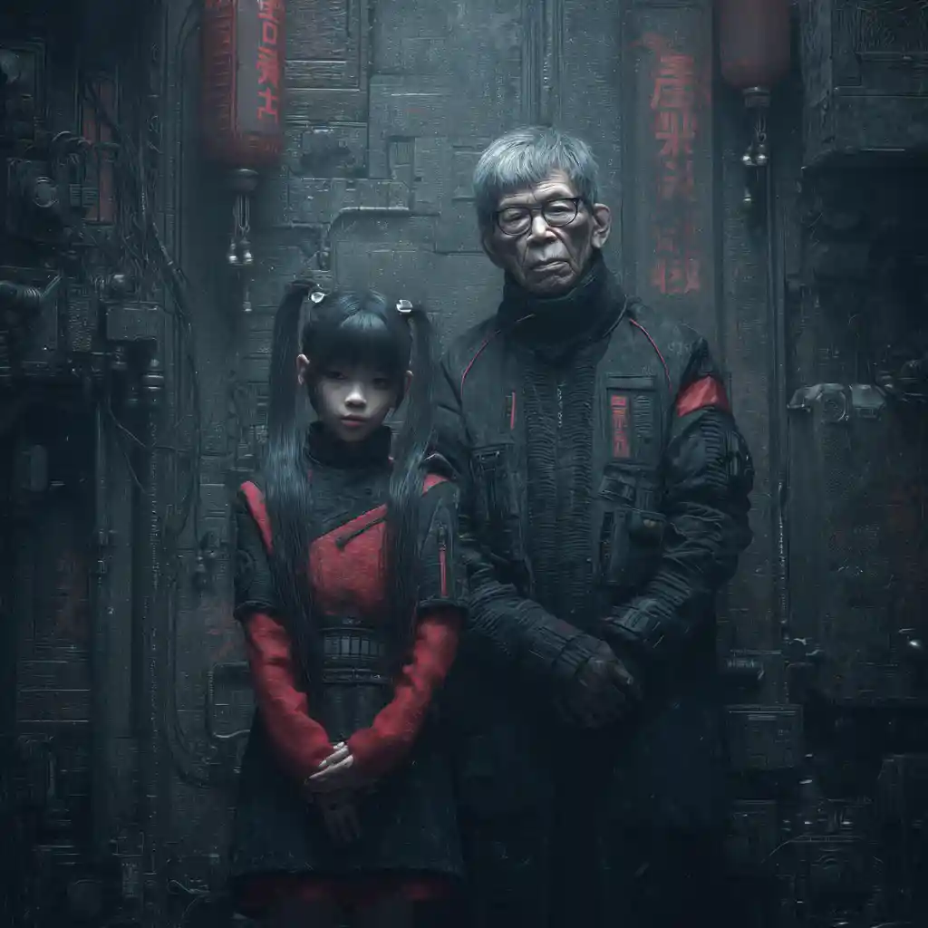 Asian girl with granddad in futuristic Chinese cyborg city