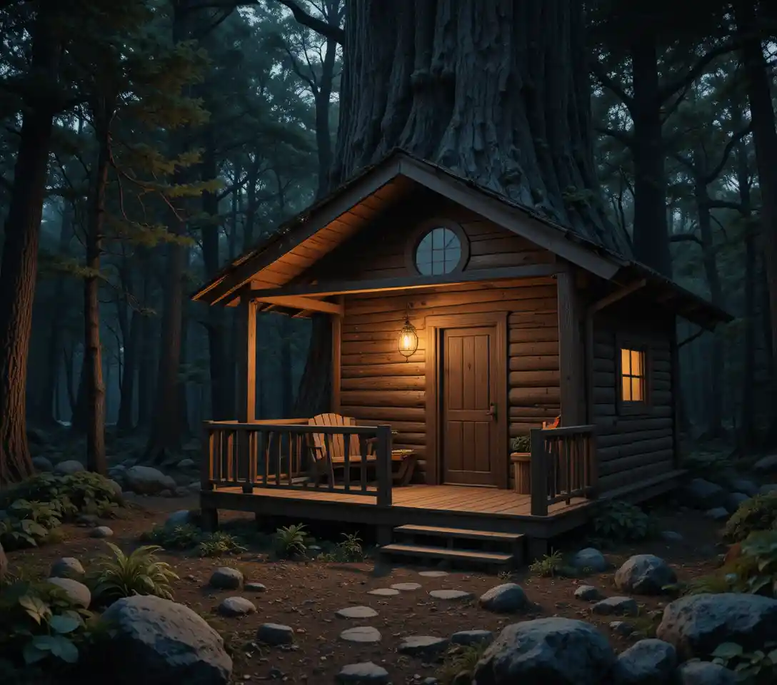 Rustikale Baumhaus-Hütte, die sanft in einem mondbeschienenen Wald leuchtet