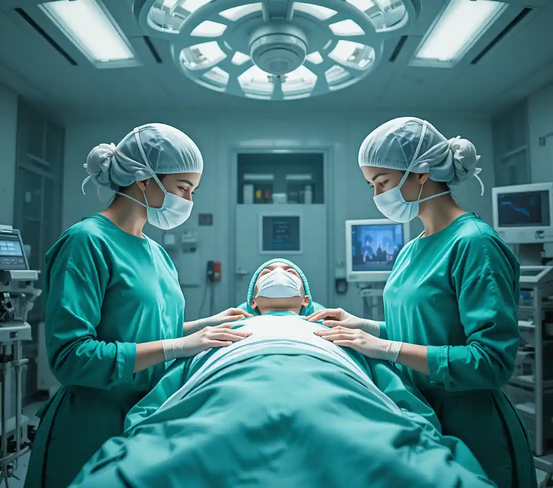 Two nurses beside patient in modern surgical operating room