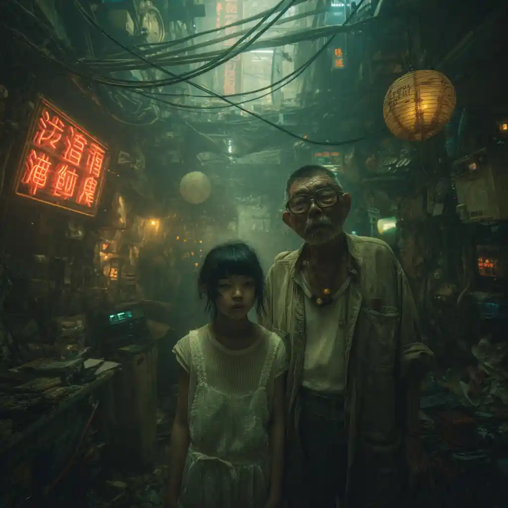 Asian girl with granddad in 2079 futuristic Chinese city