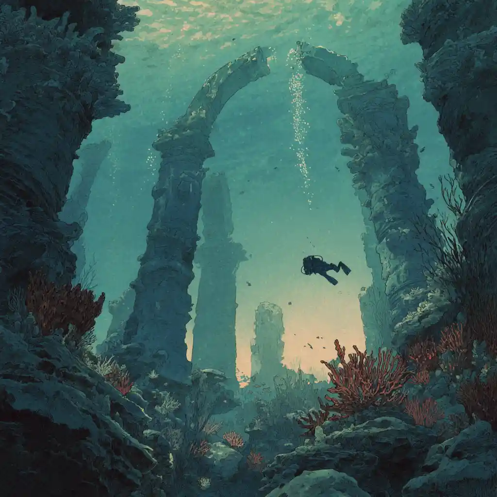 Solitary diver in an alien underwater cathedral garden