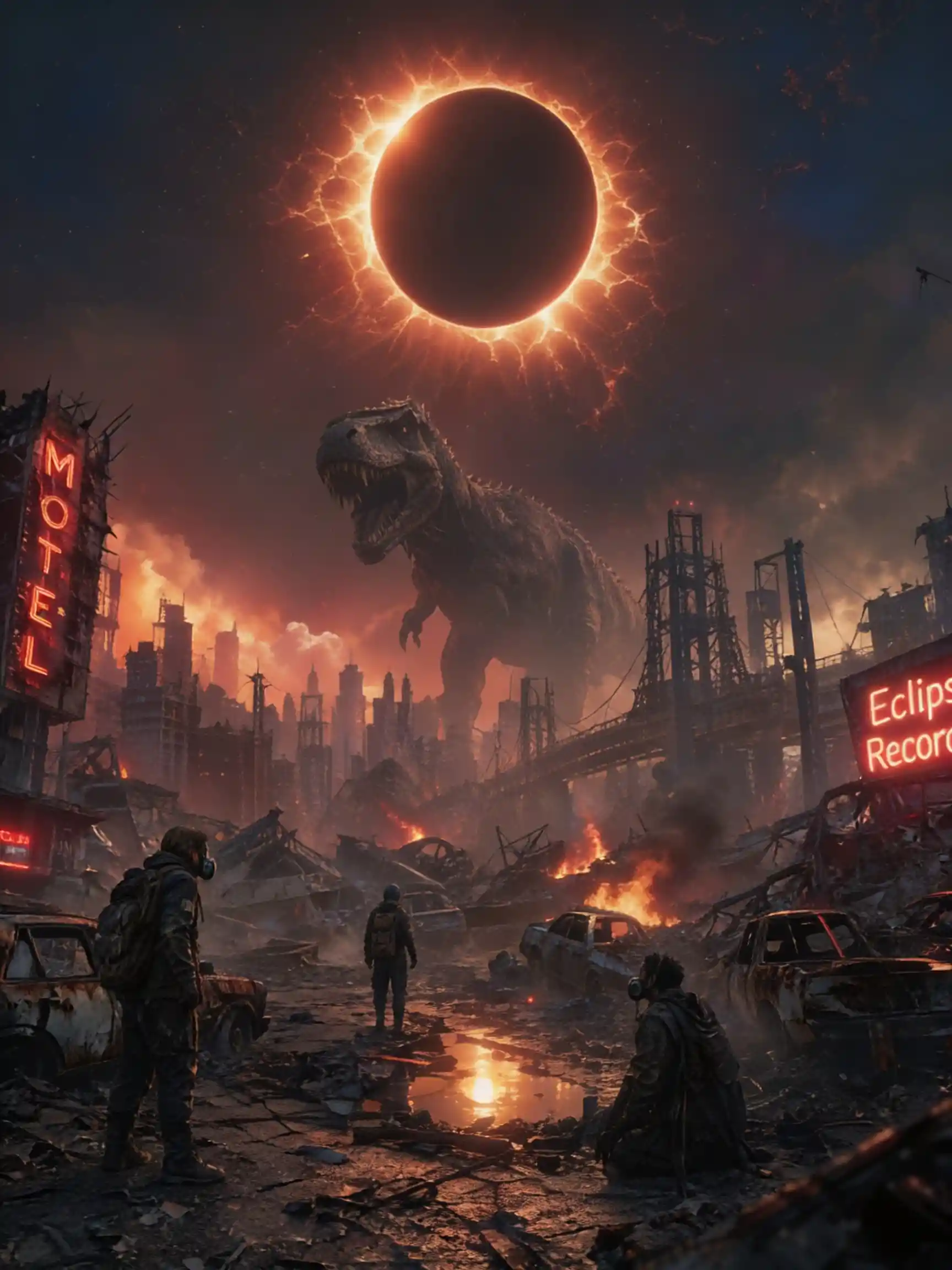 Survivors Under A Solar Eclipse In Ruined City Streets