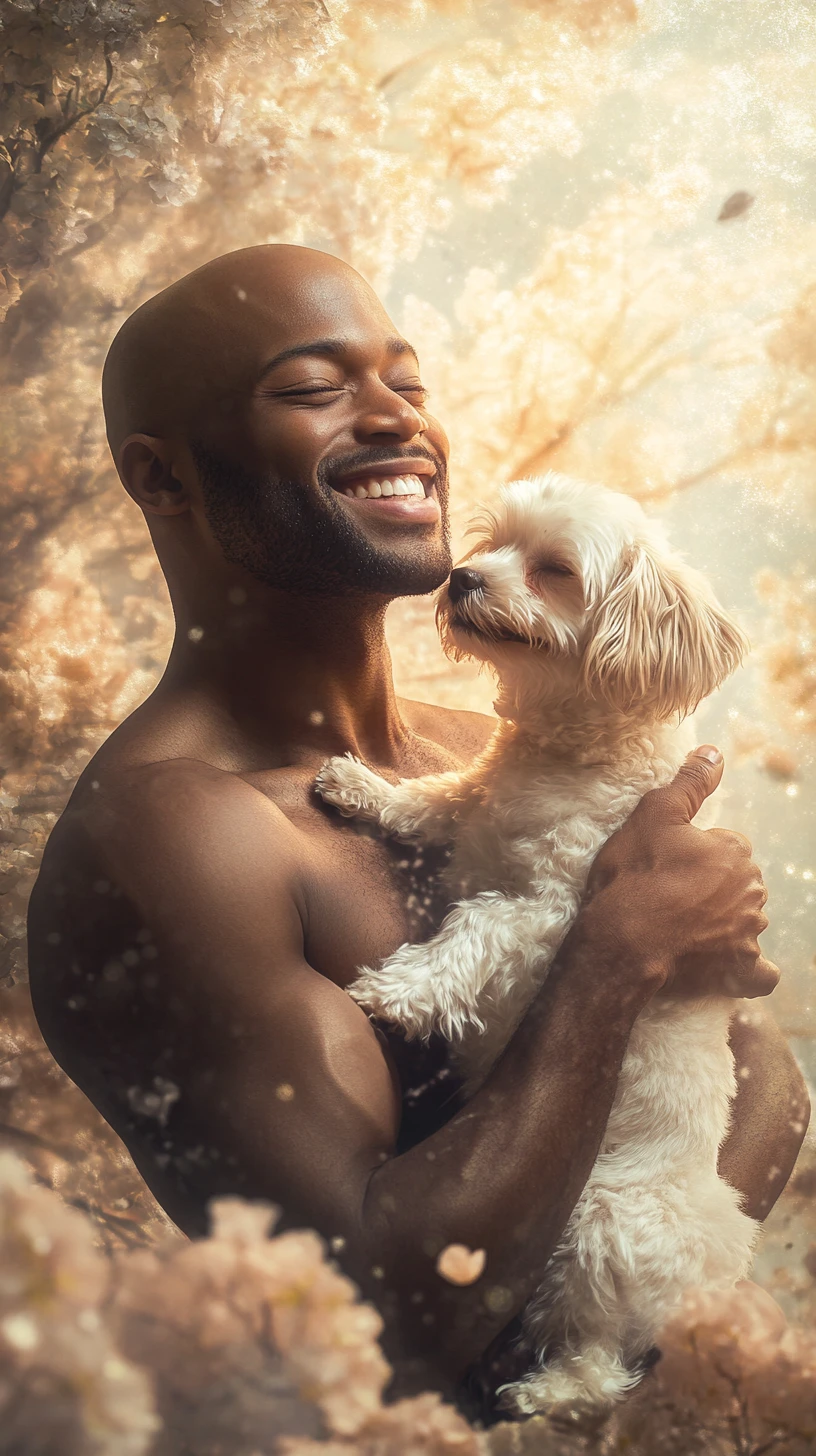Smiling bald man holding his shih tzu in surreal landscape