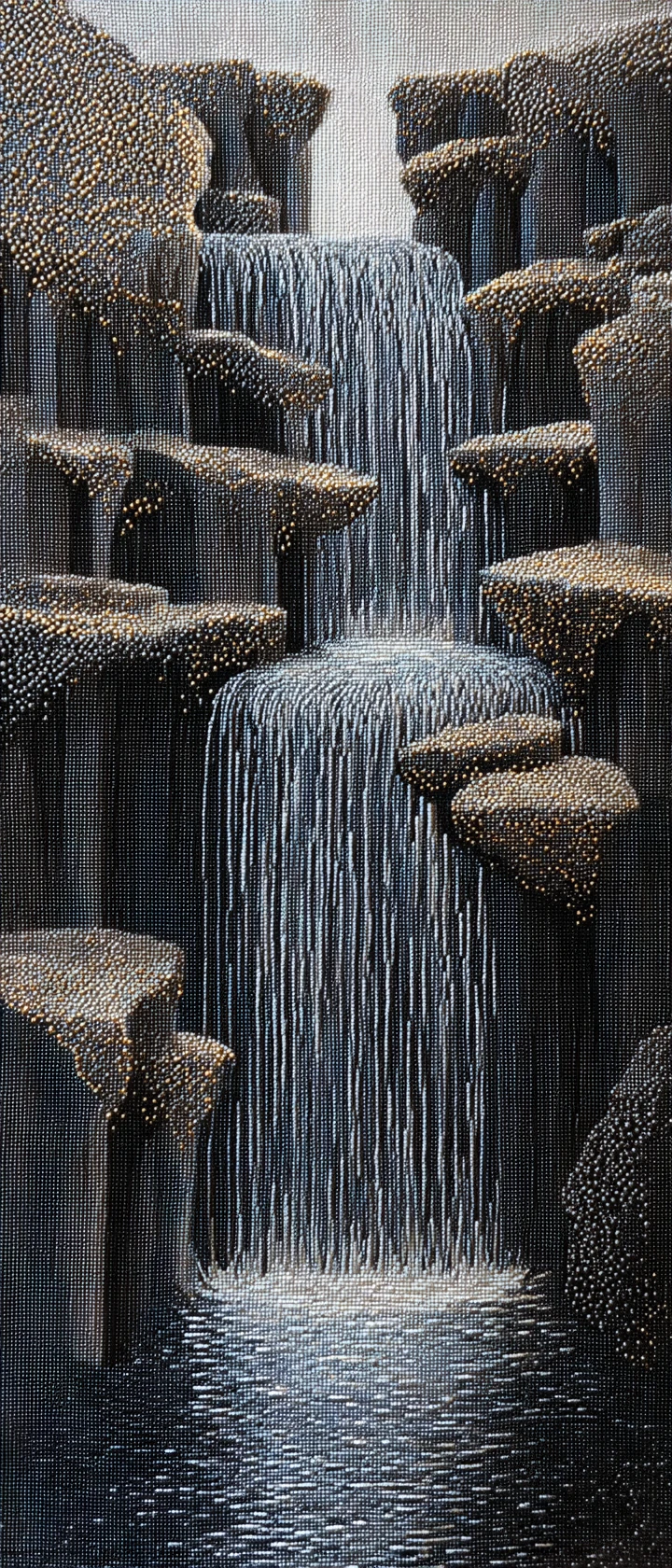Needlepoint waterfall of liquid mercury over dark obsidian cliffs