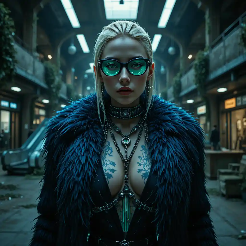 Biopunk femme fatale in an abandoned futuristic mall