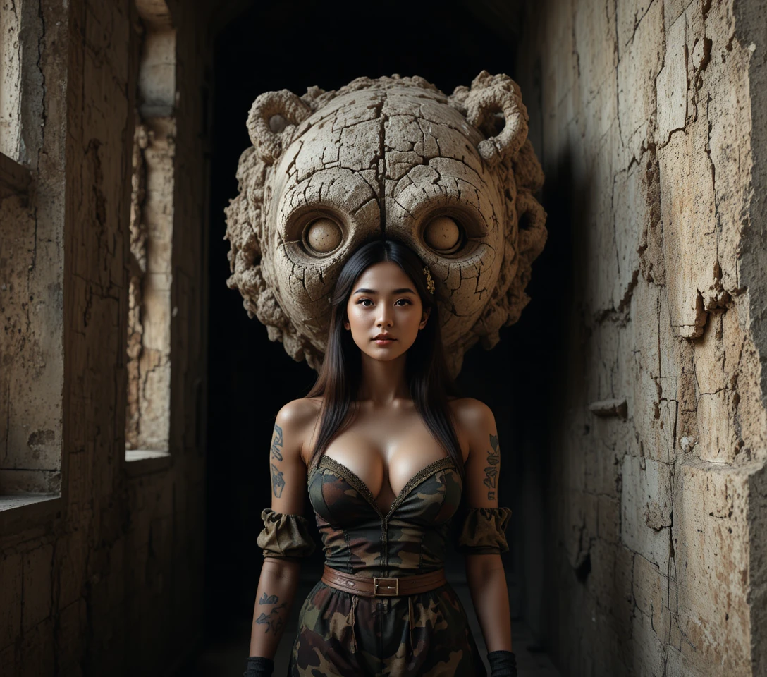 Confident asian woman in camouflage outfit by bright windows