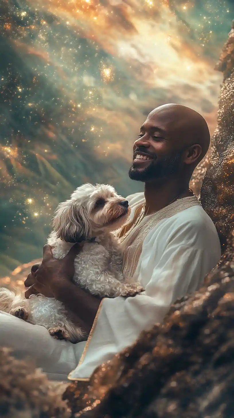 Smiling bald man holding his shih tzu in surreal scenery